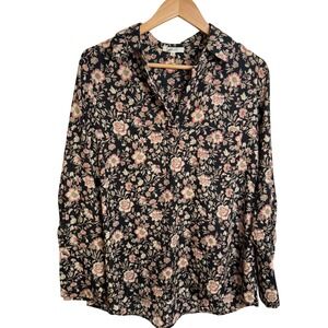 Pleione Women Floral V-Neck Blouse S Black Pink Long Cuff Career Dark Academia